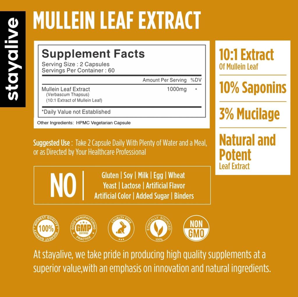 STAY ALIVE Mullein Leaf Extract 1000mg, 10:1 Extra Strength, 120 Vegan Mullein Capsules, All Natural, 100% Pure Leaves Powder, 2 Month Supply, No