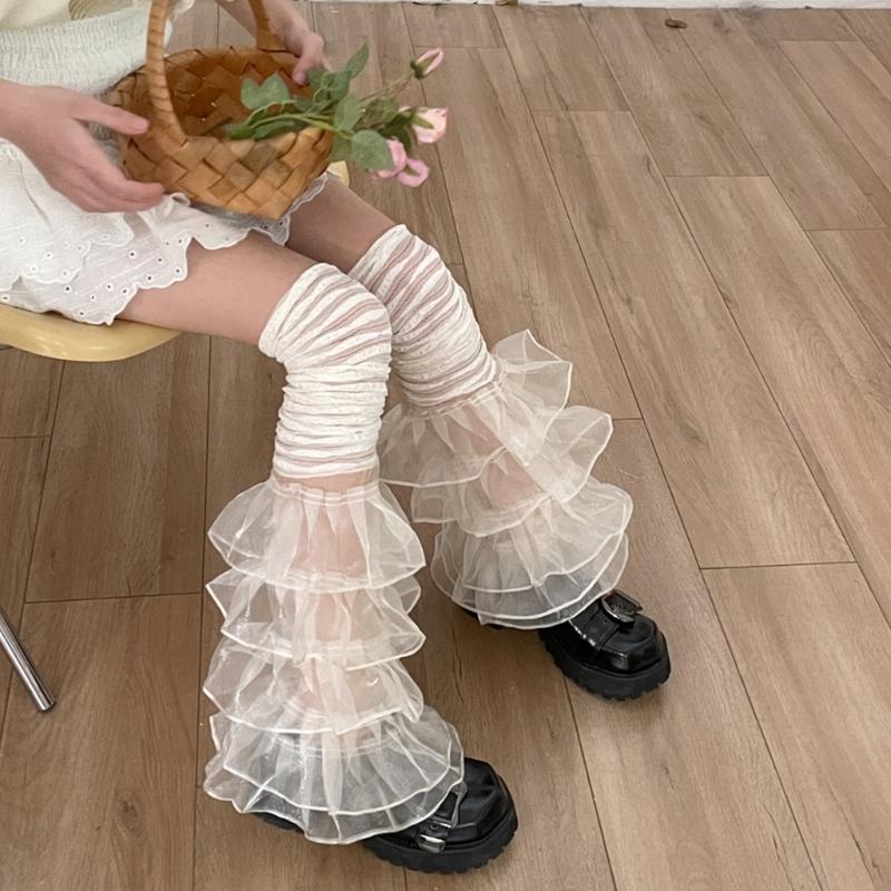 Women Girl Summer Sweet Cool Pile Sock Solid Color Lacy Hem Knee Length Stocking Women Girl OOTDs Wearing for Daily