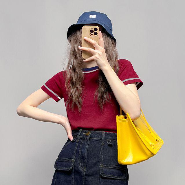 Wine Red Retro Denim A-line Mini Skirt Set with Slimming High-Waisted Design for Summer 2026 S 40-48kg