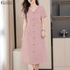 ZANZEA Women Daily Casual V-Neck Solid Color Summer Short Sleeve Dress