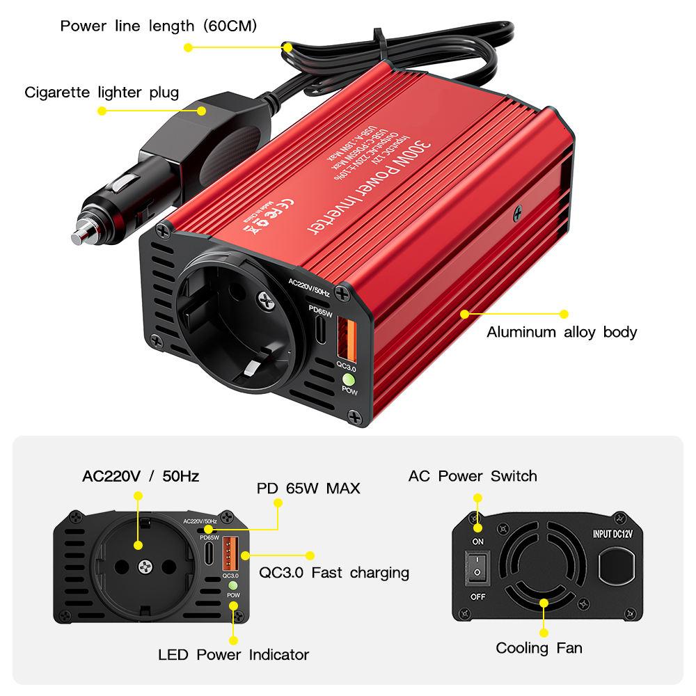 300W Single Phase Car Use Power Supply Inverter with EU Socket DC12V to AC220V/110V Output USB QC3.0 + PD65W Fast Charging