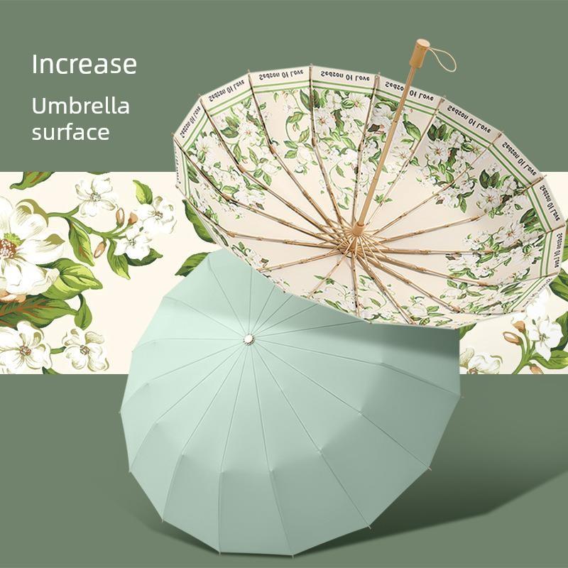 16-Rib Manual Opening Umbrella with Wooden Handle, Vintage Style, Black Coating for Sun Protection, One Piece