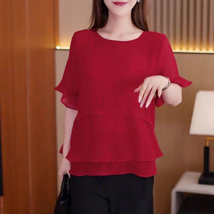 Short Sleeve Chiffon Women Shirts Summer Office Work Tops Elegant Lady Shirt Solid O-Neck Women Blouses