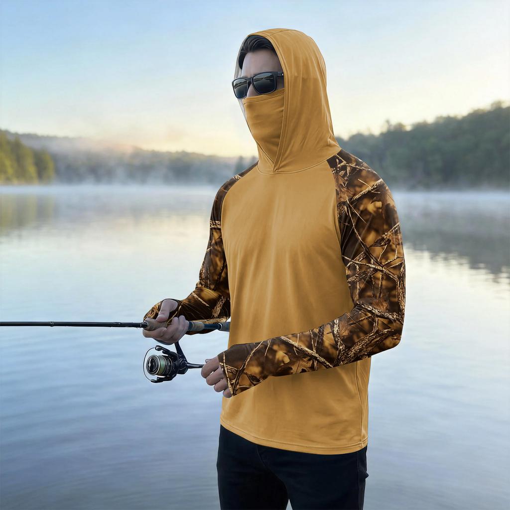 Men's Outdoor Casual Hooded Long Sleeve Sun Protection Shirt Lightweight Breathable Quick Dry Camouflage Print Top for Hiking Fishing