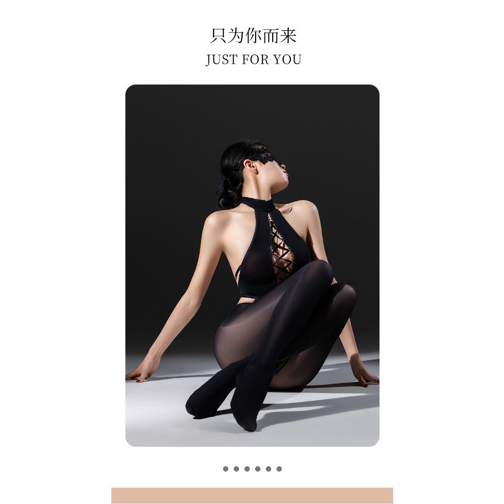 Qing Homer Oil Onesie Oily Sexy Black Stockings Sexy Cross Strap Seduction Crotch Drill Chain Uniform Underwear