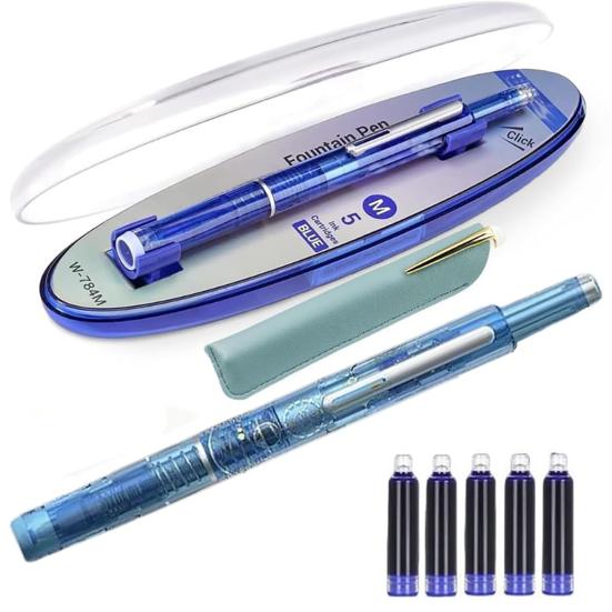 Fountain Pen Retractable 0.38mm Blue Ink Transparent Barrel Fine Nib Fountain Pen