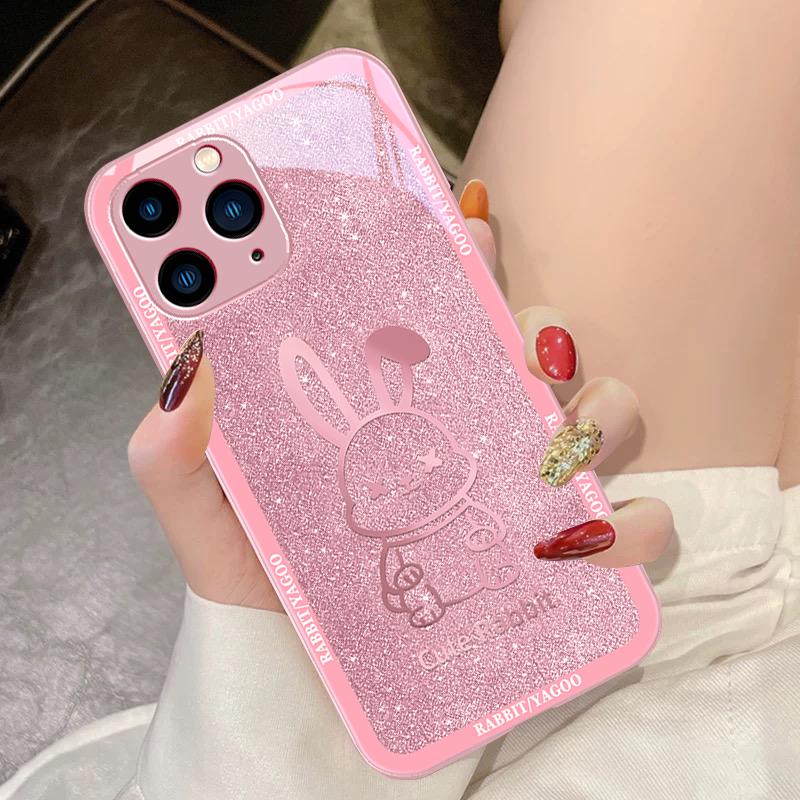 Starry Sky Rabbit Rose Purple For IPhone 16 Pro Max 15 Pro 14 13 12 Mini 11 XS Max XR 7 8 Plu SE 2022 Tempered Glass Phone Case