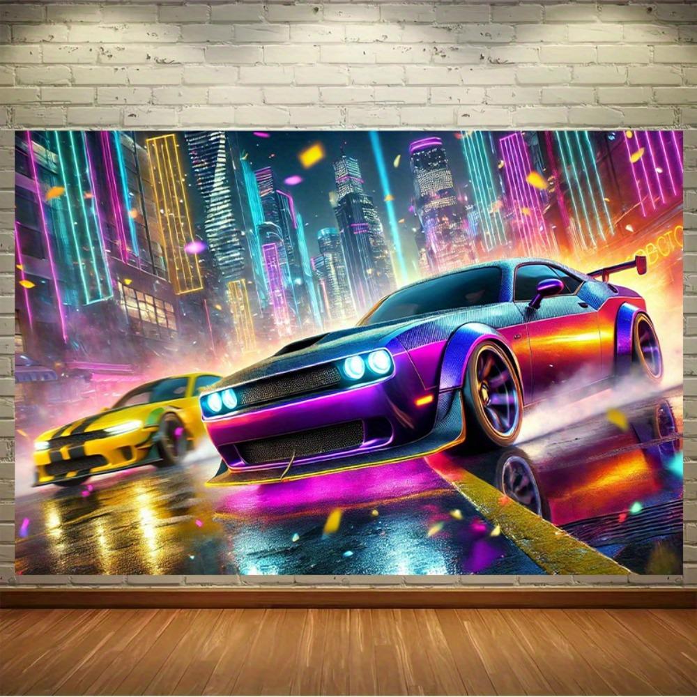 Street Racing Neon-lit Urban Landscape Digital Printing Polyester Wall Tapestry Suitable for Use Living Rooms Bedrooms Offices