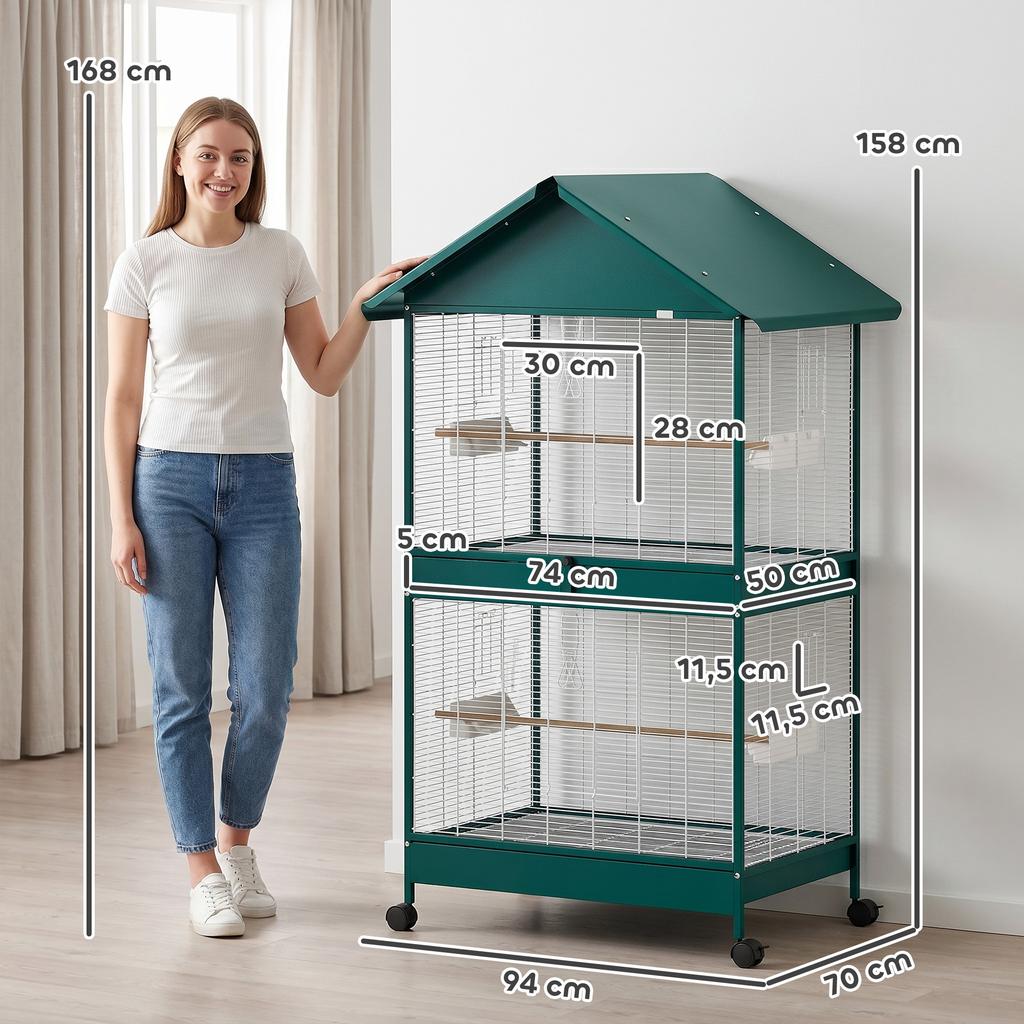 Birdcage on Wheels, Removable Divider, 4 Feeders 2 Perches, 2 Sliding Trays, 94 x 70 x 158 cm