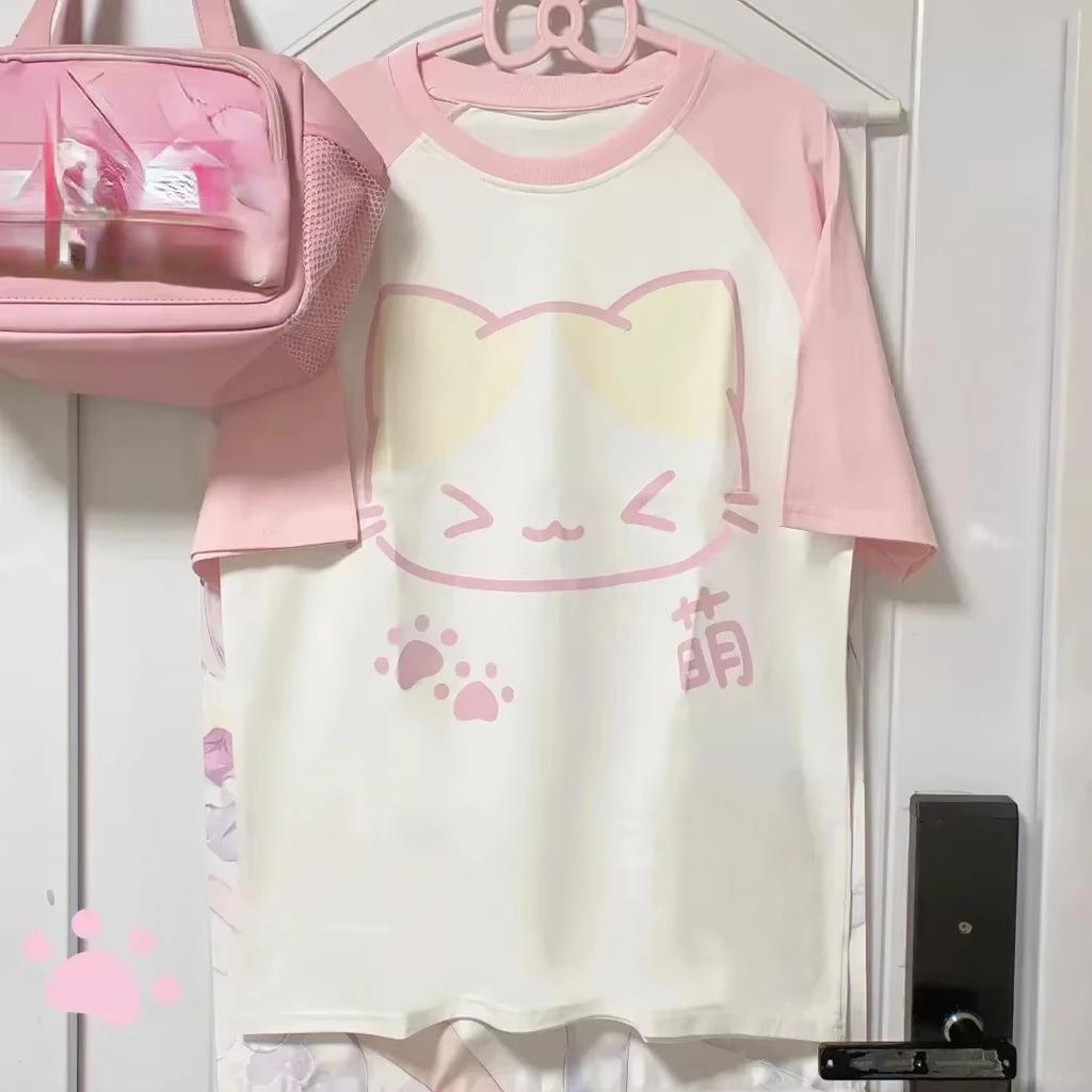 Y2k Aesthetic Summer Loose Cute Cat T-shirt Women Casual O Neck Japanese Cartoon Tops Short Sleeve Kawaii Sweet Harajuku Tees