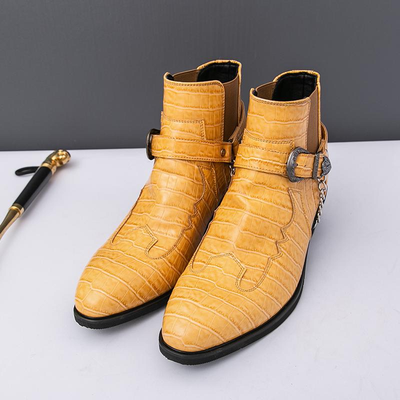 Handmade Men's Fashion Ankle Boots with Crocodile Pattern, Buckle & Chain Decoration, Dress Boots for Trendsetters&Casual&Party