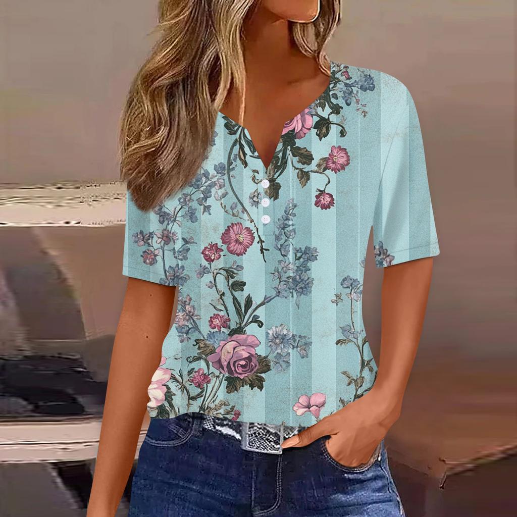 Damen T-Shirt mit Aufdruck und Knopfleiste, kurzärmelig, für den Alltag, Wochenende, modisch, Basic, V-Ausschnitt, normales Oberteil