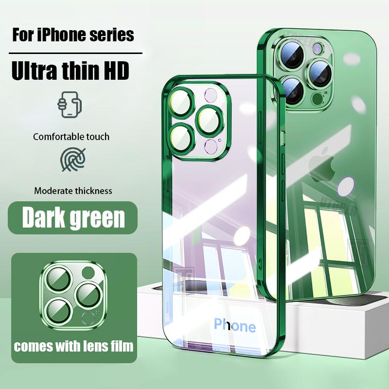 New Ultra Thin Transparent Comes with Lens Film Phone Case for iPhone 16 15 14 13 12 11 Pro Max 16 Plus Plating Shockproof Cover