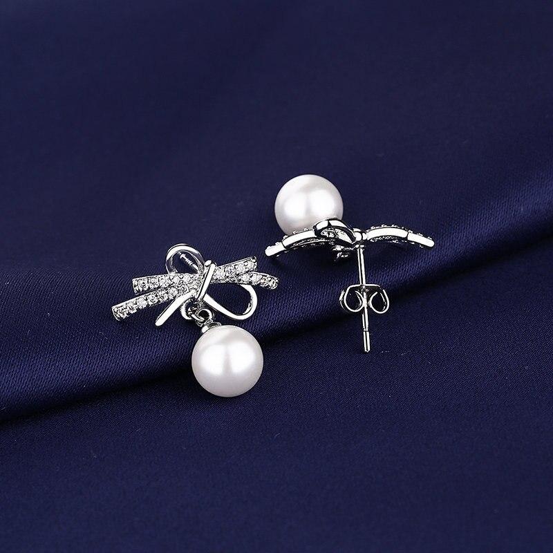 Damen Ohrringe 925 Silber Schmuck mit Perle Zirkon Edelstein Mode Schleifenknoten Form Hängeohrringe für Hochzeitsfeier Geschenk