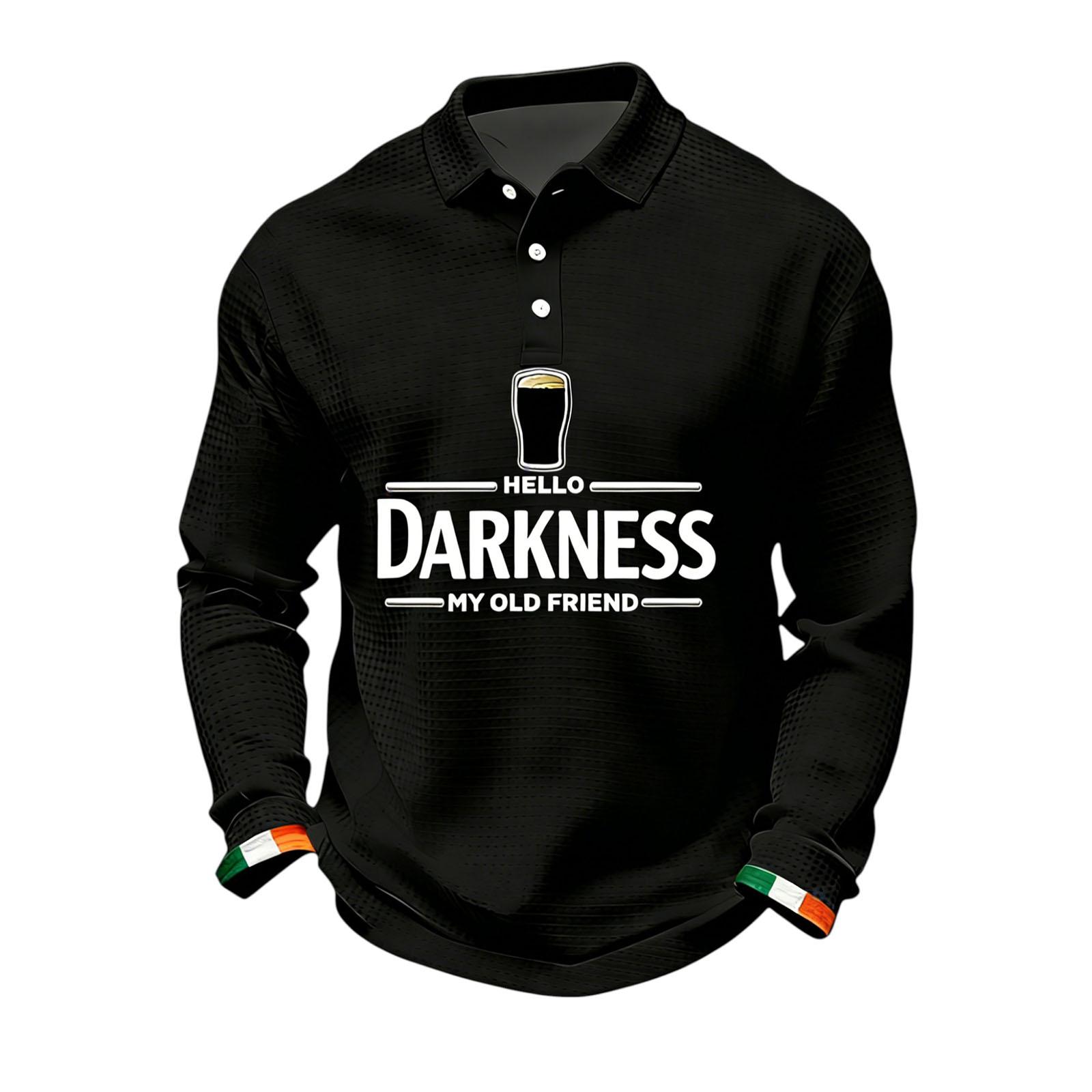 

Long Sleeve Polo Shirt with Button Collar Beer Glass Print and Hello Darkness My Old Friend Text Casual Fit Top XXXXXL