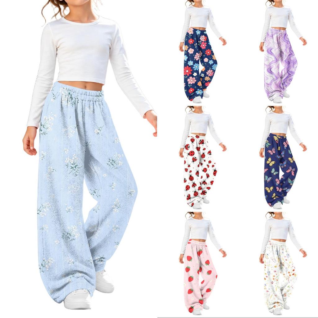 Girls' Flannel Printed Pants Warm Loose Fit Casual Trousers for Fall and Winter