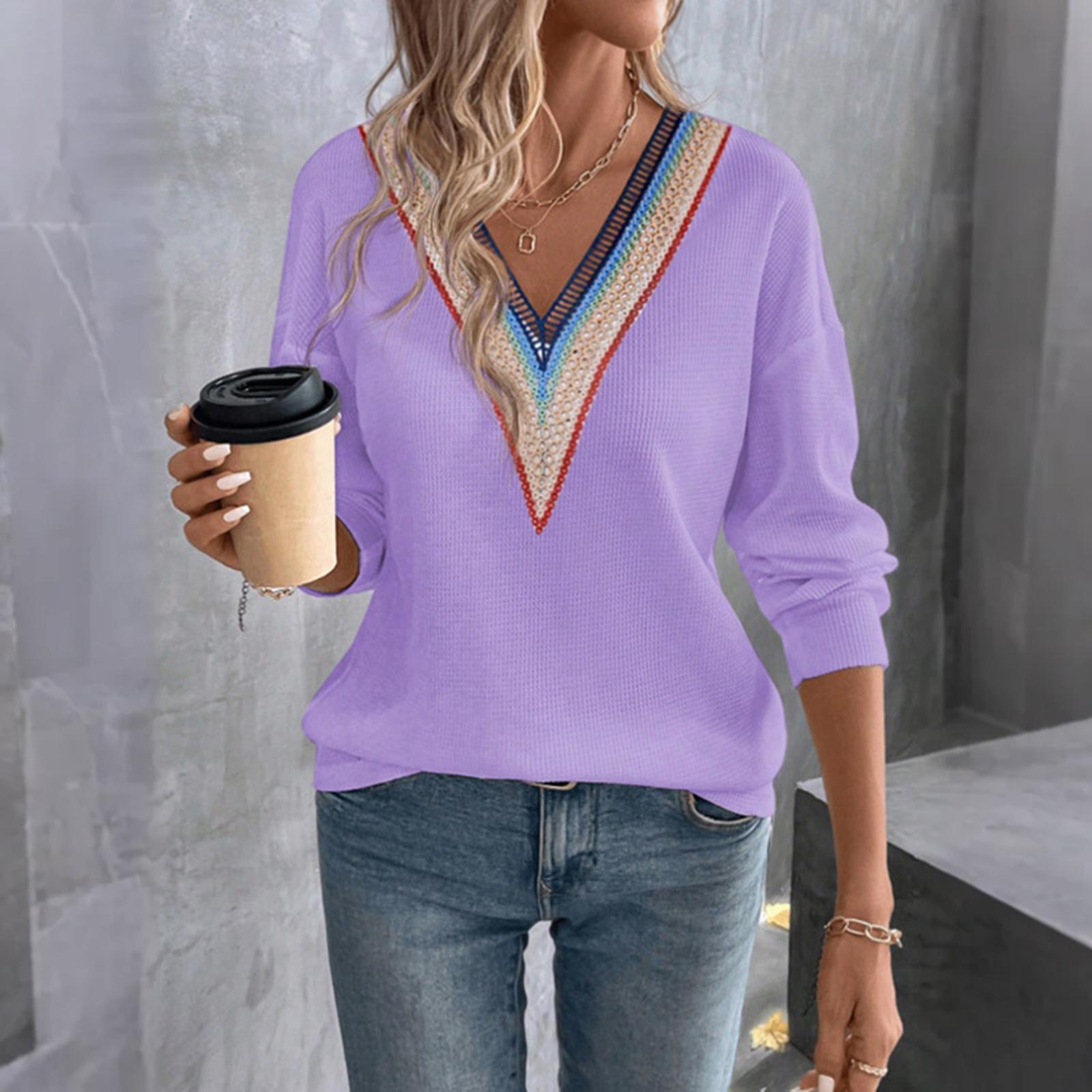 

Women s Fashionable Casual Long-Sleeved Lace-Trimmed Color-Blocked V-Neck Top/T-Shirt XL фіолетовий