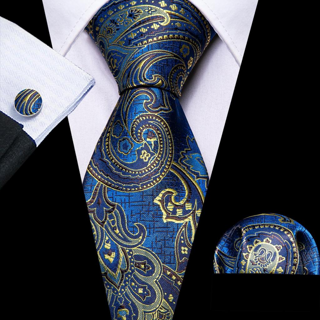 Barry.Wang Necktie Hankerchief Cufflinks Set Black Paisley Jacquard Woven Wedding