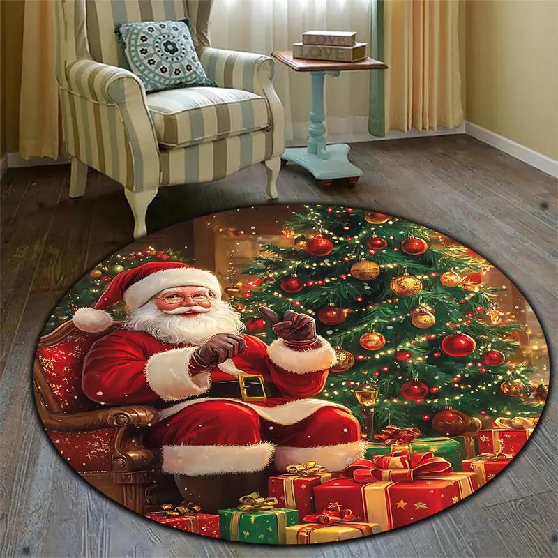 Christmas Santa Claus Round Carpet Living Room Bedroom Mat Festive Atmosphere Decorated Christmas Tree Home Rug Decoration