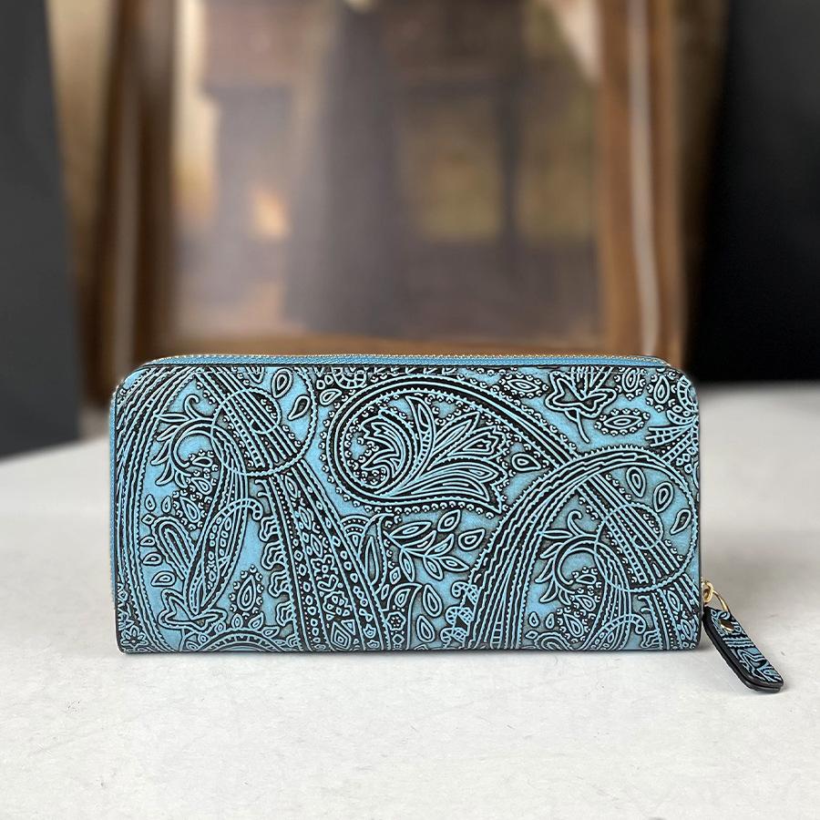 

Винтажный Кожаный Кошелек с Гравировкой Женский Длинный Кошелек с Гравировкой в Национальном Стиле Картхолдер Кожаная Сумка Женский Клатч синий