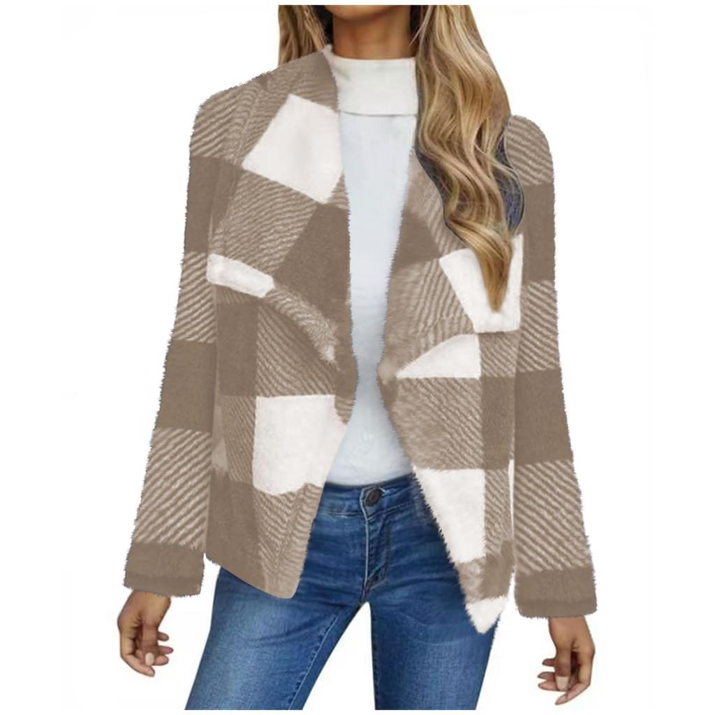 Ladies' Fashionable V Neck Long Sleeved Pocket Color Blocked Cardigan Flannel Warm Sleepwear Jacket