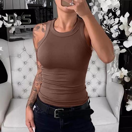 Women Vest Round Neck Sleeveless Elastic Slim Fit Tops Solid Color Sport Camisole Summer Gym Fitness Tops