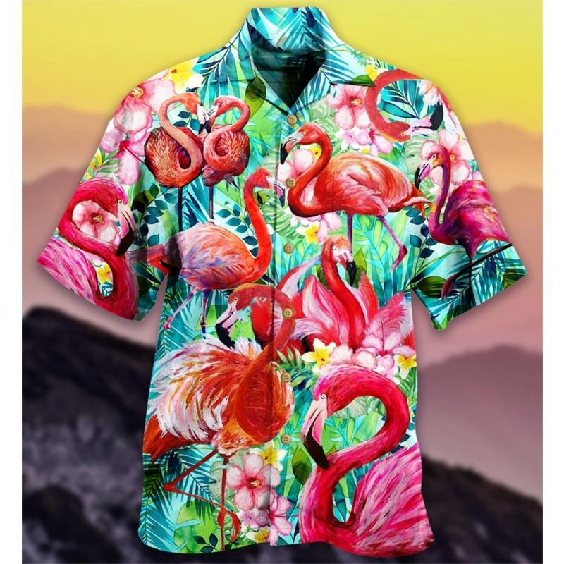 Summer Hawaiian Shirt Flamingo Short Sleeve Funny Men's Clothing Fashion Special Offer High-quality Shirts