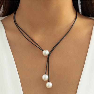 Vintage Rope Chain Necklace Women Statement Handmade Imitation Pearl Pendant Adjustable Neck Jewelry Gift