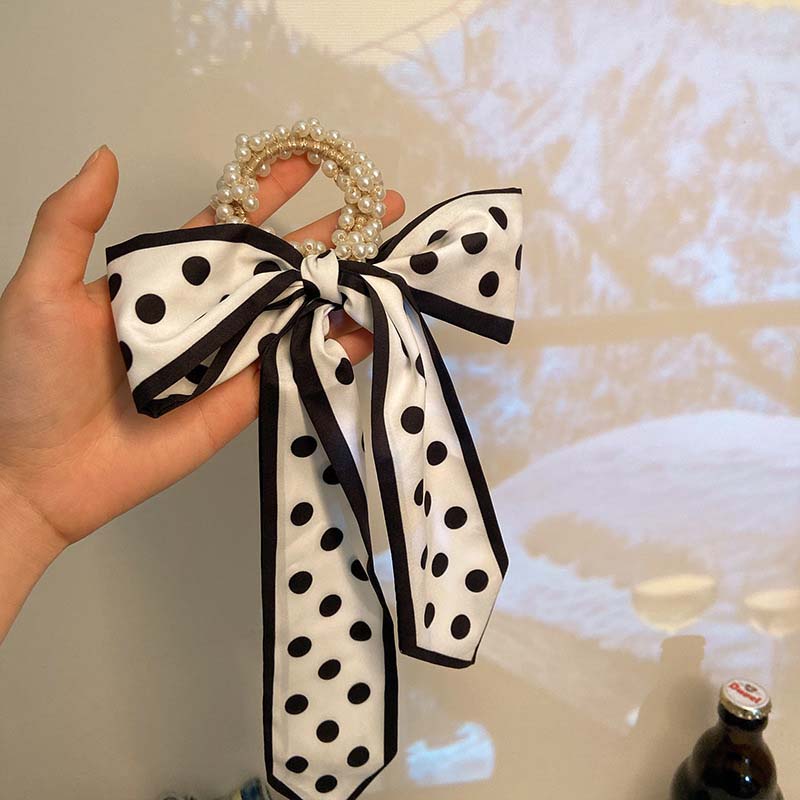 Fashion Pearl Scrunchies Ties Satin Long Ribbon Ponytail hair bundle Silk Floral Summer Hair Bands Accessories For Women Girls