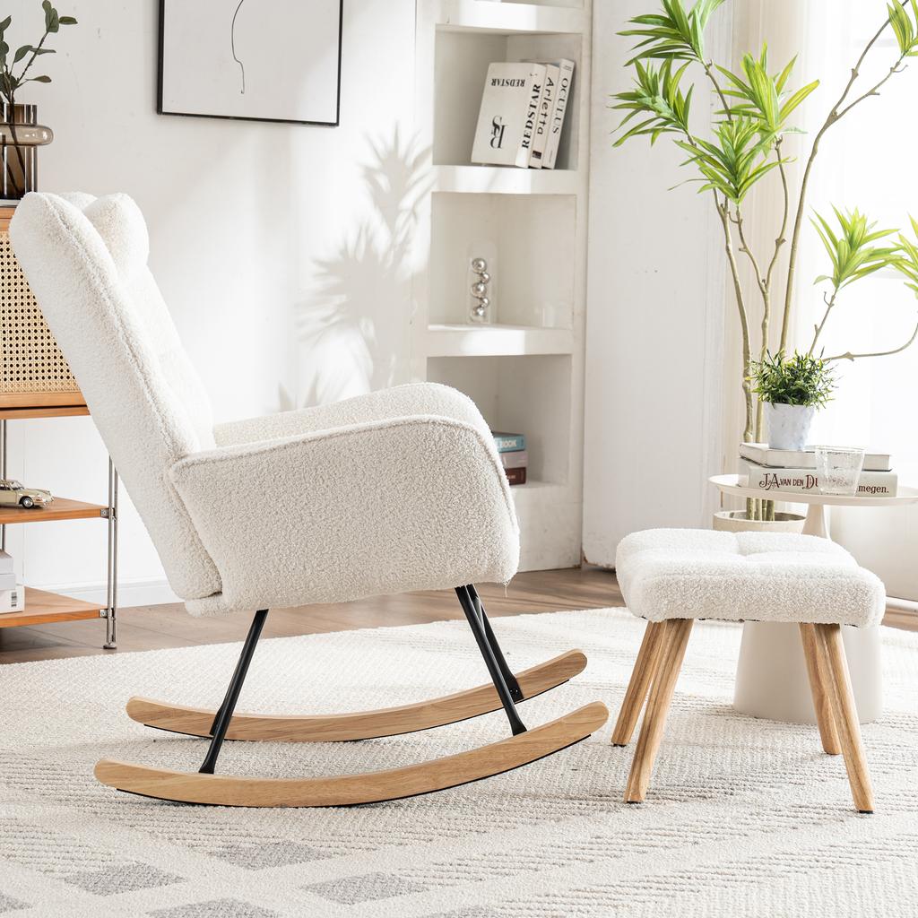 Ergonomic 92 cm High White Rocking Chair, Seat Width 65 cm - incl. 1 Pillow and 1 Footstool (49*38*38 cm), Rubberwood Base, Max. Load Capacity 250 lbs