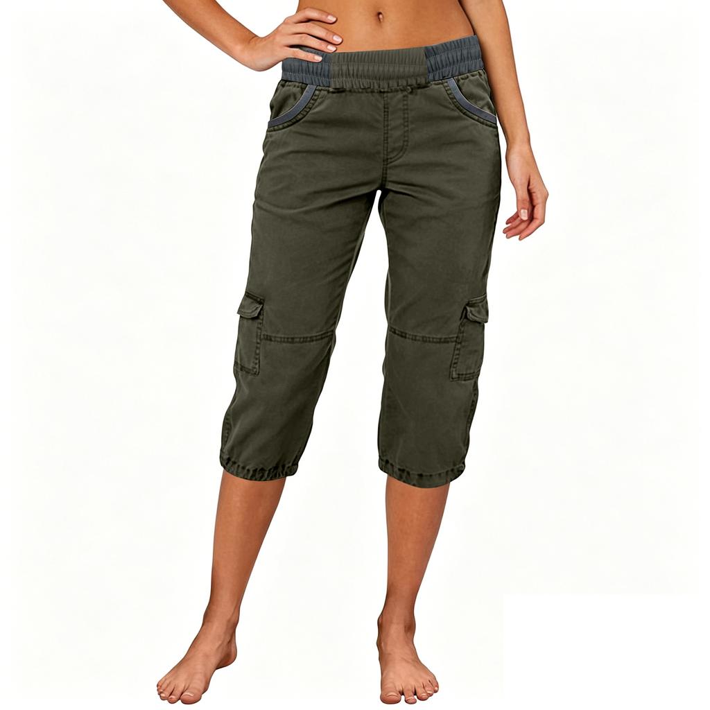 Women Capri Cargo Pants Drawstring Waist Relaxed Fit Lightweight Casual Cropped Trousers with Multiple Pockets