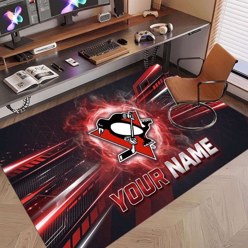 Custom Rug Pittsburgh Penguins Pattern Print Name Text Soft Non‑Slip Floor Carpet for Home Indoor Decoration