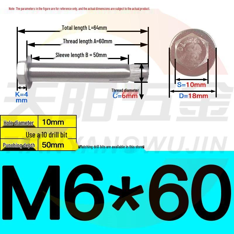 304/201 Stainless Steel Hex Internal Expansion Bolt, Sizes: M6, M8, M10, M12, Length: 70mm