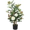 90cm Artificial Rose Tree, Decorative Fake Plant with 344 Silk Leaves 17 Flowers for Outdoor Indoor Decor, White