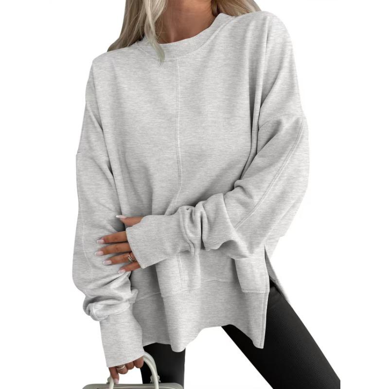 Loose Fleece Sweatshirt Round Neck Side Split Long Sleeve Casual Top For Women