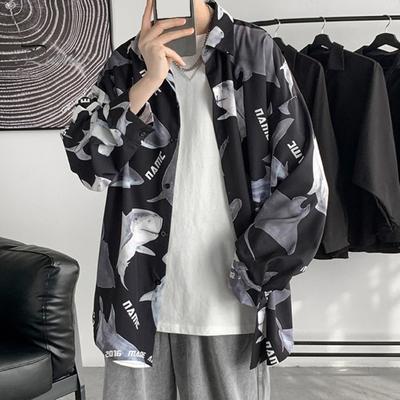 Spring Summer Men Shirt Shark Print Single-breasted Turn-down Collar Long Sleeve Loose Mid Length Streetwear Vacation Men Top