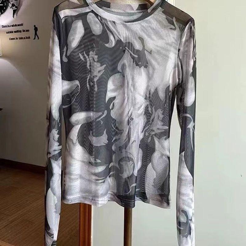 

Женский дисконтный магазин Тонкий принт круглый вырез Нишевый стиль Сетка 9088 black and white ink painting S