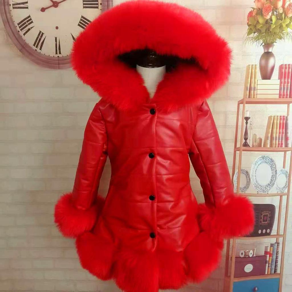 Christmas Winter Thick Warm Girls Leather Jacket Kids Soild Color Plush Stand Collar Hooded Coat