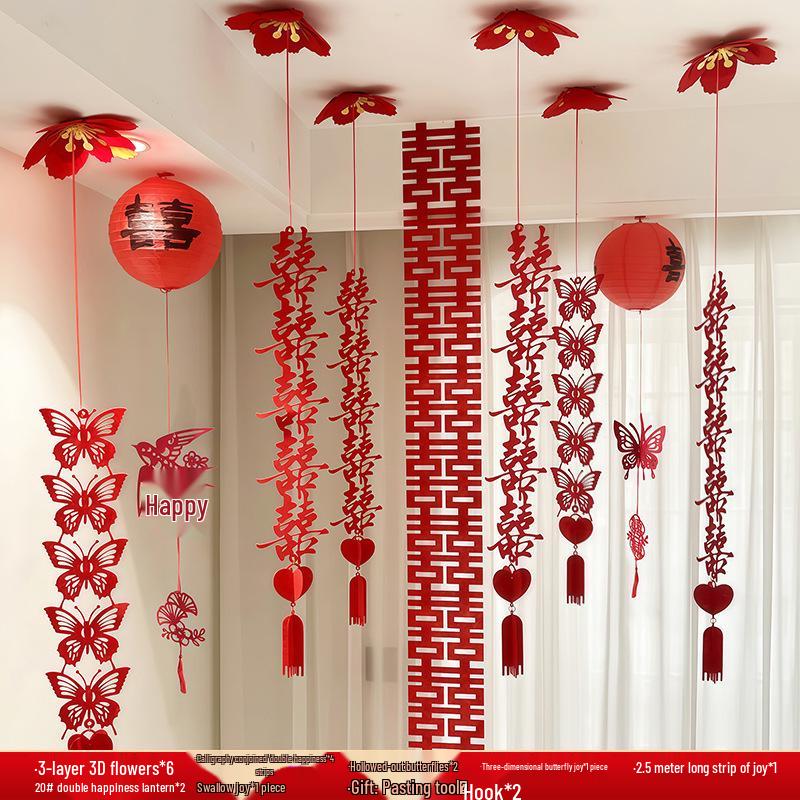Wedding Ceiling Decoration: Double Happiness Pull Flower Ornament for Bedroom