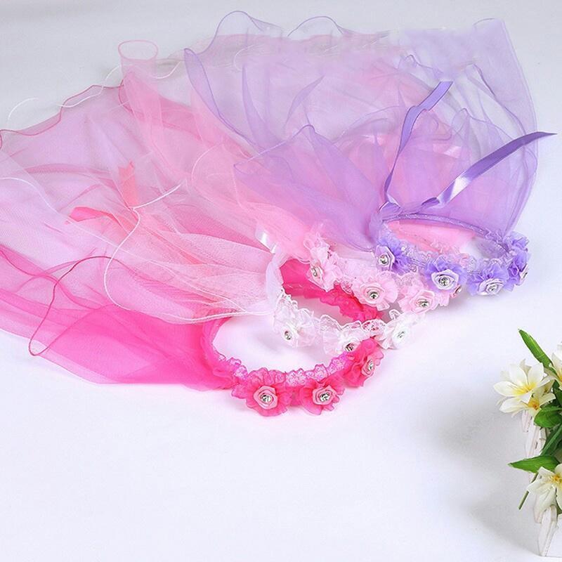 Tulle Lace Veil for Girls Flower Bow Headband Wedding Baptism Veil Princess Costume Accessory for Dance Performance Party