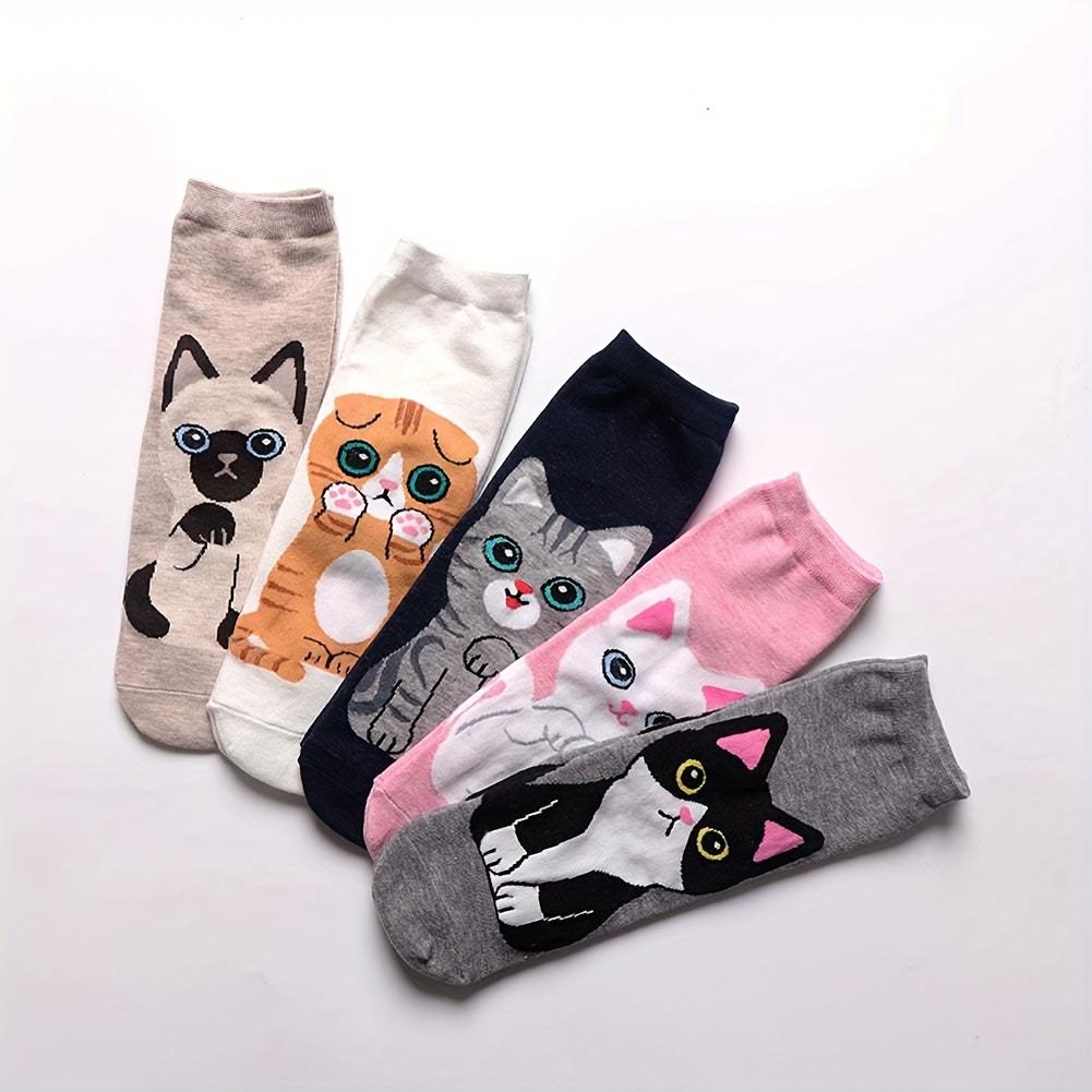 5 Paar Weiche Polyester Mädchen Niedliche Anime Katze Socken - Knöchellang mit Mehrkatzen-Designs Schwarz, Getigert, Weiß Herbstsocken für Teenager-Mädchen, Teenagerfuß