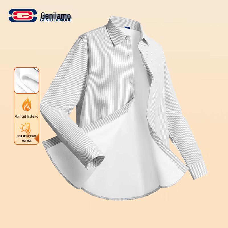 

GENIOLAMODE Men s Fleece-Lined Oxford Striped Long-Sleeve Shirt L