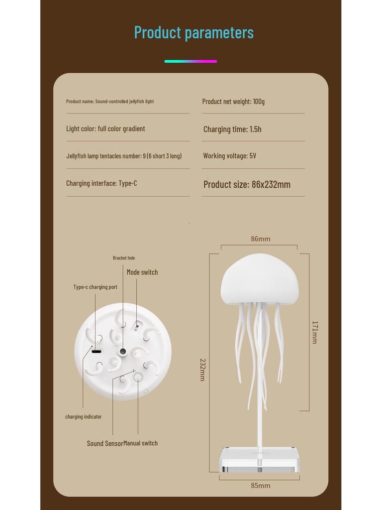 Sound-Activated Gradient Jellyfish Lamp with Floating Tentacles - Ideal for Home, Car, or Desktop Atmosphere Lighting