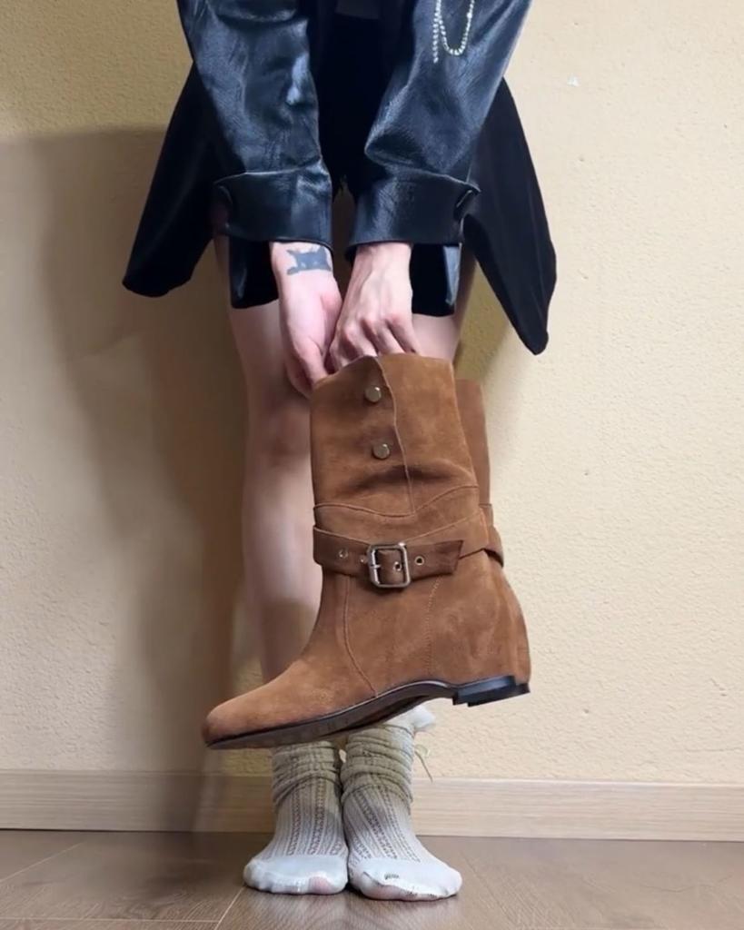 Fashion versatile Martin boots niche fashionable western boots women's belt buckle two wear matte pile boots heightening short boots women