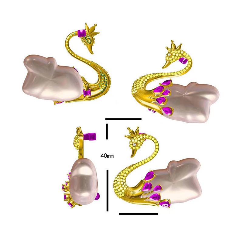 Meier Gold-plated Copper Micro-paved Zircon Elegant Swan Brooch Pin-shaped Baroque Pearl Corsage Empty Support