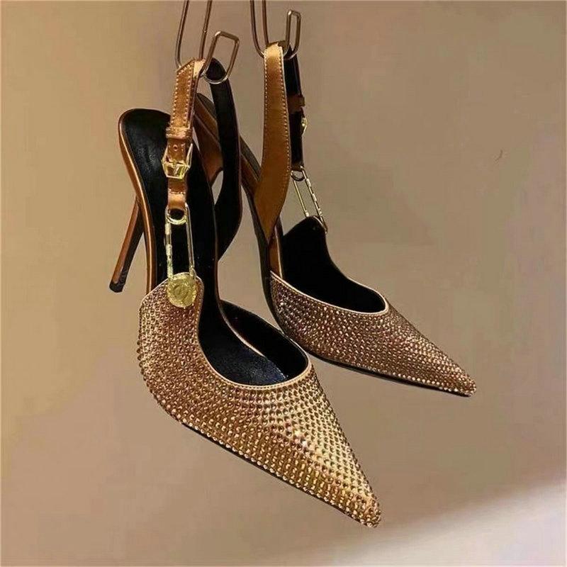 Fashion 2025 Pointed-Toe Diamond High Heels For Women, Black Tight French Sexy Luxury Hollow Sandals