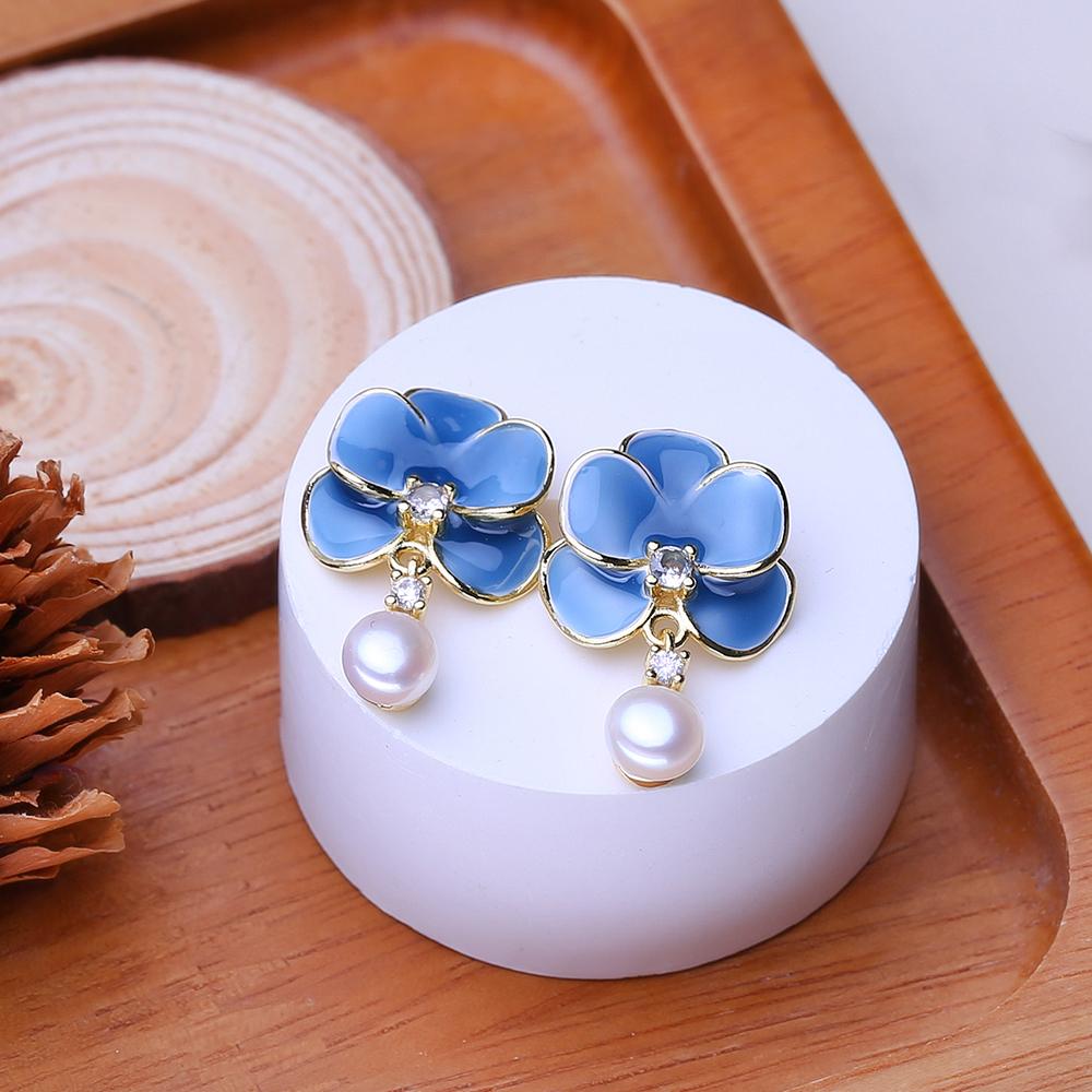 LSOOYH Freshwater Pearl Earrings Gold Color Blue Flower Stud Earrings Fashion Birthday Anniversary Gifts For Women
