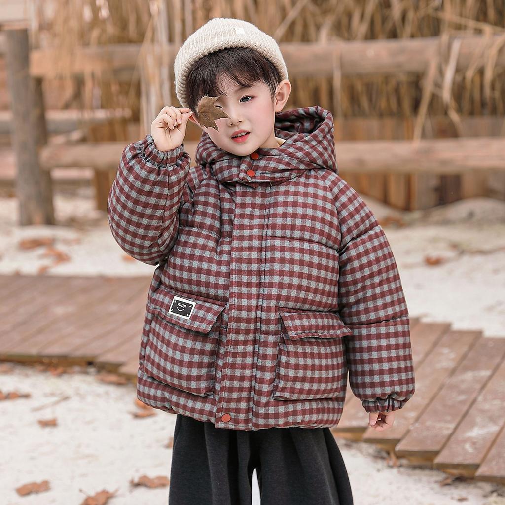Kids Winter Children's Mid Length Plaid Down Jacket Windproof Waterproof Warm Hooded Jacket College Style