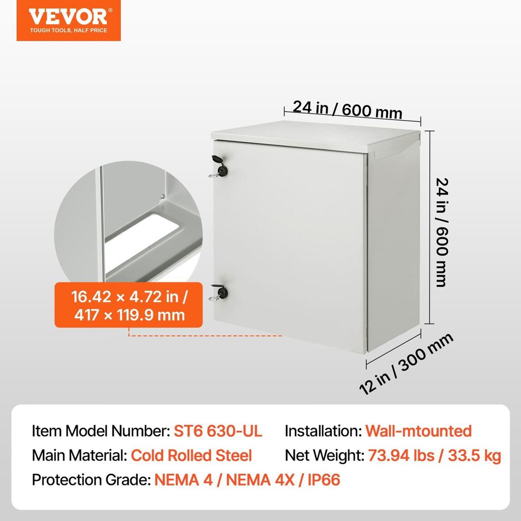 Electrical Enclosure, 24\'\' x 24\'\' x 12\'\', UL Certified NEMA 4 Outdoor Enclosure, IP65 Waterproof & Dustproof Cold-Rolled Carbon Steel Hinged