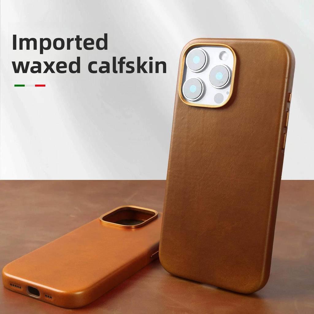 Genuine Leather Case for iPhone 16 Pro Max 16 Pro Premium Business Slim Cowhide Full Body Shockproof Magnetic Protective Cover with AI Button